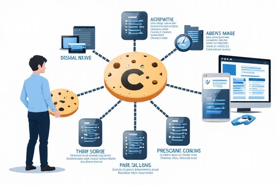 Illustration of data flowing between different servers, representing third-party cookies