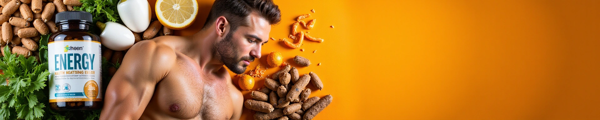 Dynamic banner for men's natural health supplements, emphasizing energy and vitality