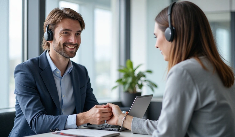 Customer service representative assisting a client, symbolizing support.