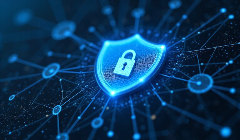 Cybersecurity shield icon with network connections, symbolizing robust data protection.